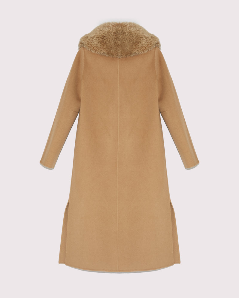 Long cashmere wool coat with fox collar - camel