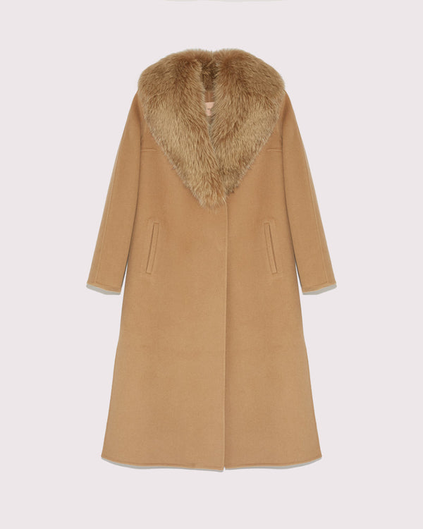Long cashmere wool coat with fox collar - camel