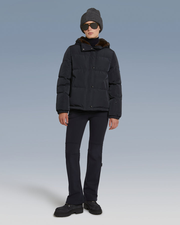 Short skiwear down jacket with mink fur trim - Navy - YS Mountain Women