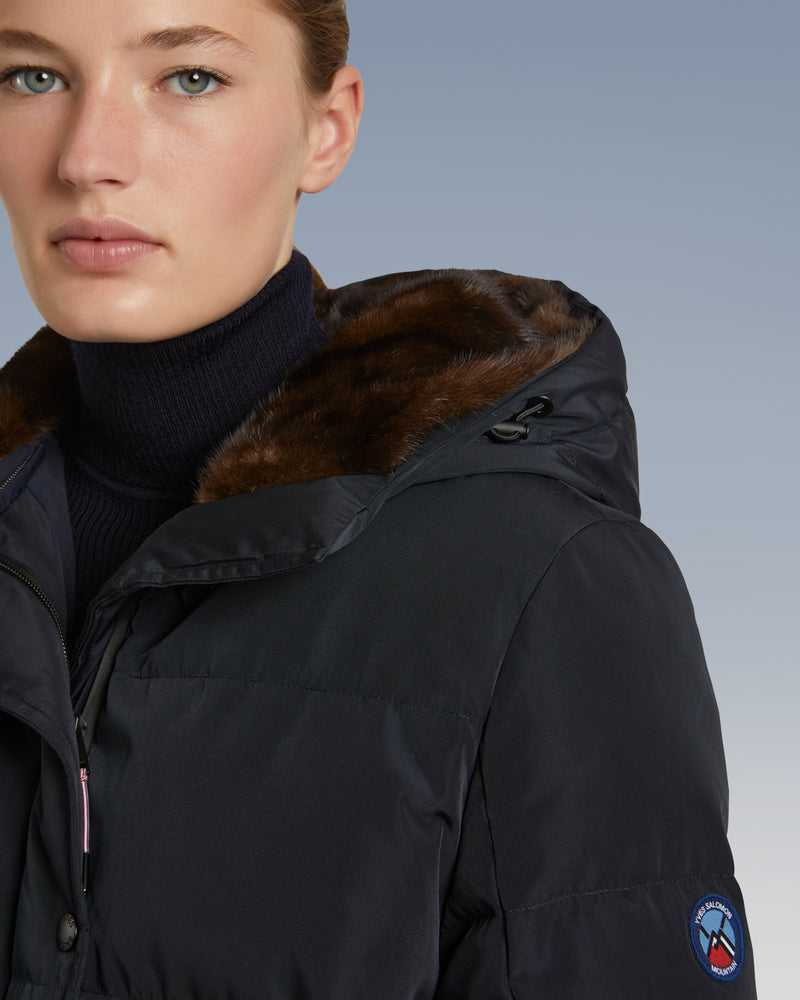 Short skiwear down jacket with mink fur trim - Navy - YS Mountain Women