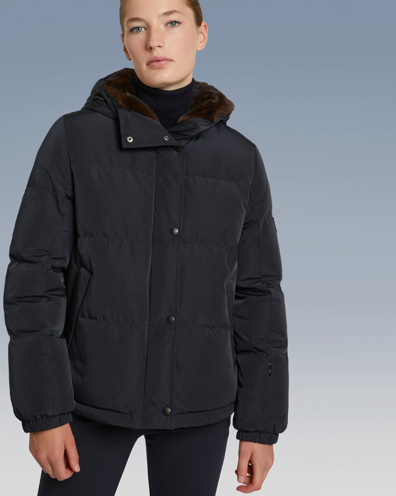 Short skiwear down jacket with mink fur trim - Navy - YS Mountain Women