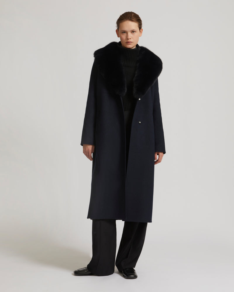Belted coat in cashmere wool with fox fur collar and lapel - navy