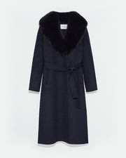 Belted coat in cashmere wool with fox fur collar and lapel