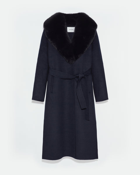 Belted coat in cashmere wool with fox fur collar and lapel