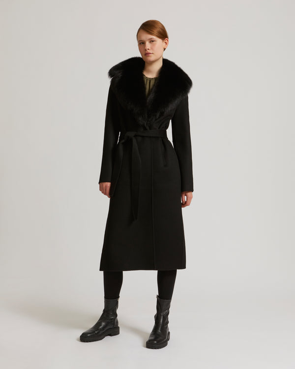 Belted coat in cashmere wool with fox fur collar and lapel - black - Yves Salomon
