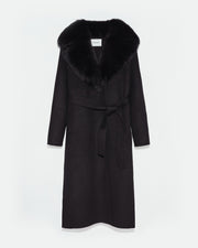 Belted coat in cashmere wool with fox fur collar and lapel