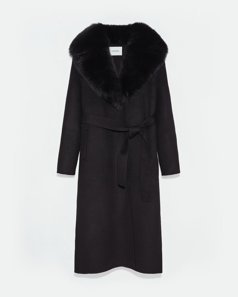 Belted Coat in Cashmere Wool with Fox Fur Collar and Lapel Black Yves Salomon Size 40 Women