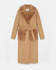 Belted coat in cashmere wool with mink fur collar and over-pockets