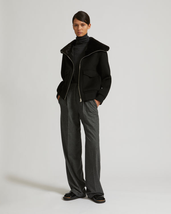 Cashmere wool jacket with mink fur collar - black - Yves Salomon