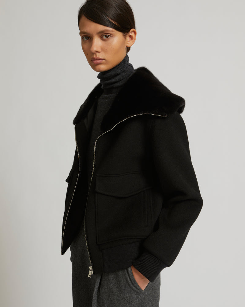 Cashmere wool jacket with mink fur collar - black - Yves Salomon