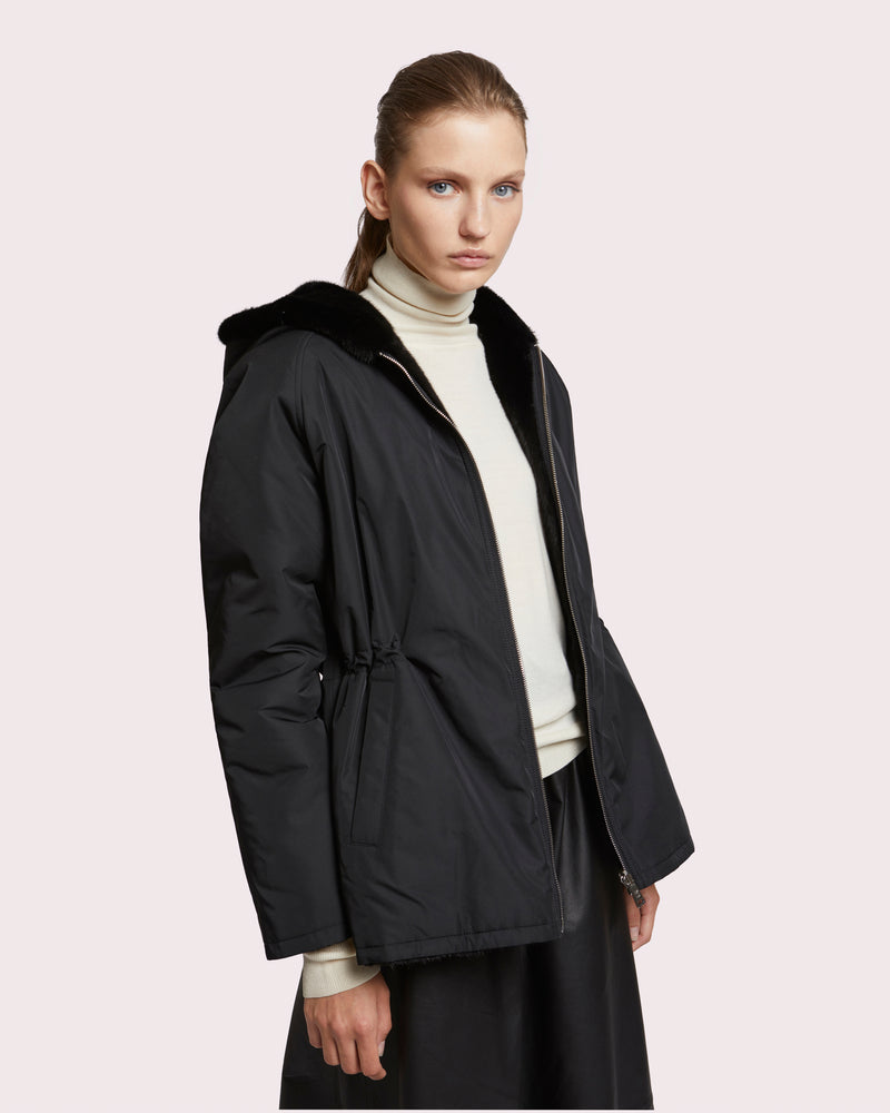 Hooded blouson in mink fur reversible technical fabric