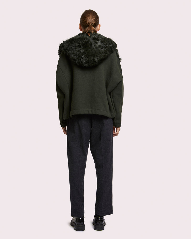hooded blouson in curly shearling and knit khaki