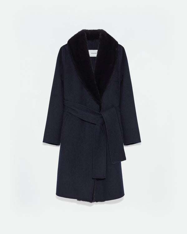 Cashmere wool coat with mink fur collar and facing - navy - Yves Salomon