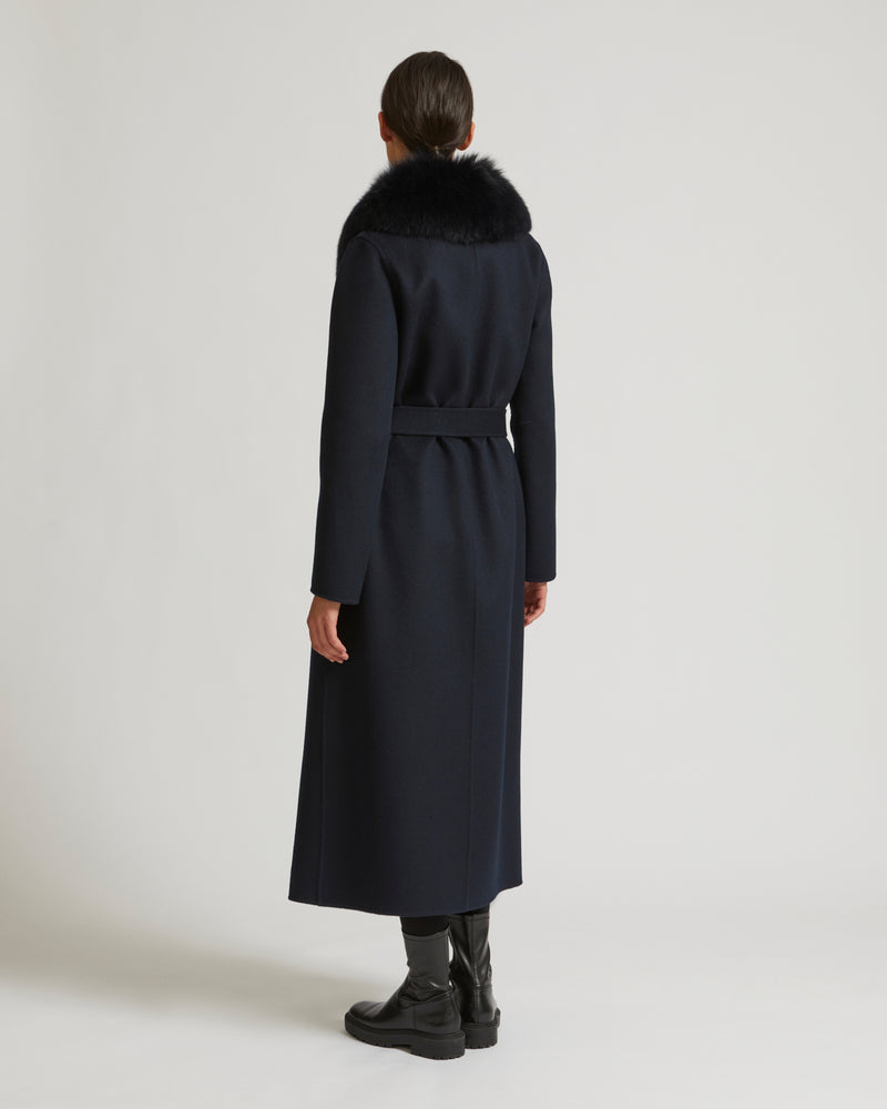 Belted coat in cashmere wool with fox fur collar - navy - Yves Salomon