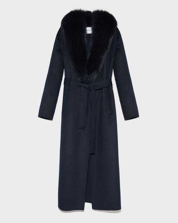 Belted coat in cashmere wool with fox fur collar - navy - Yves Salomon